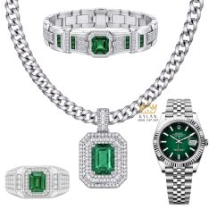 Bộ trang sức nam vàng trắng Au750 đính ngọc lục bảo