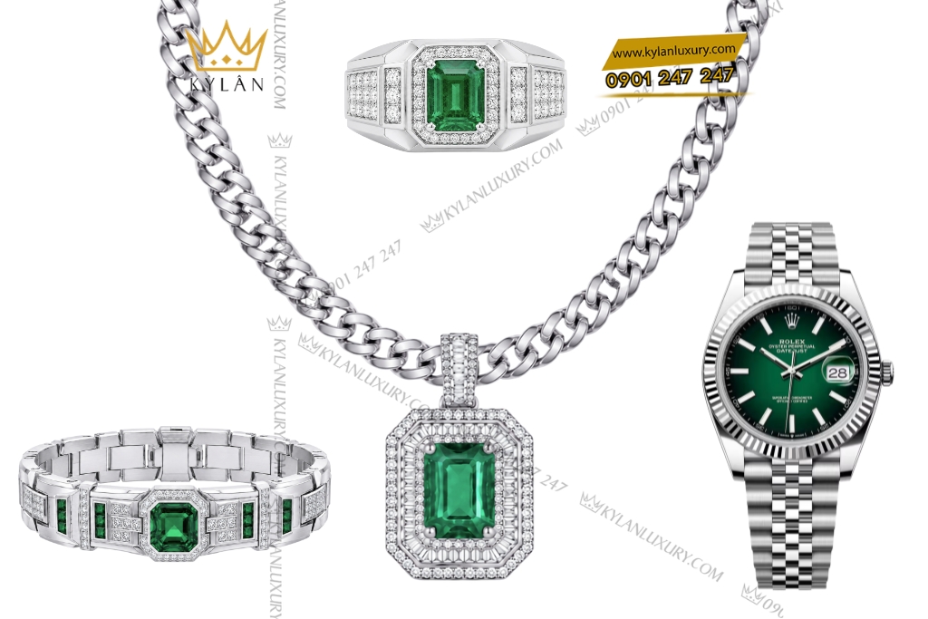 Kỳ Lân Luxury Bo trang suc nam vang trang Au750 dinh ngoc luc bao 2 Bộ trang sức nam vàng trắng Au750 đính ngọc lục bảo
