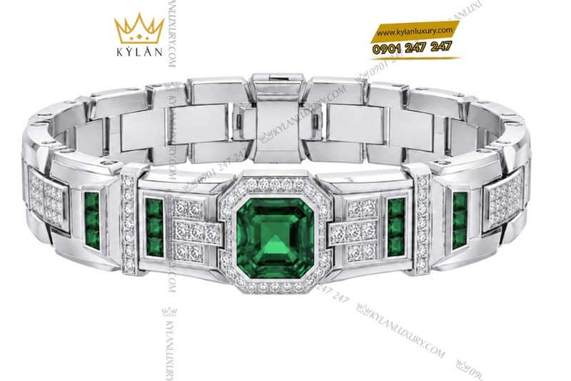Bộ trang sức nam vàng trắng Au750 đính ngọc lục bảo
