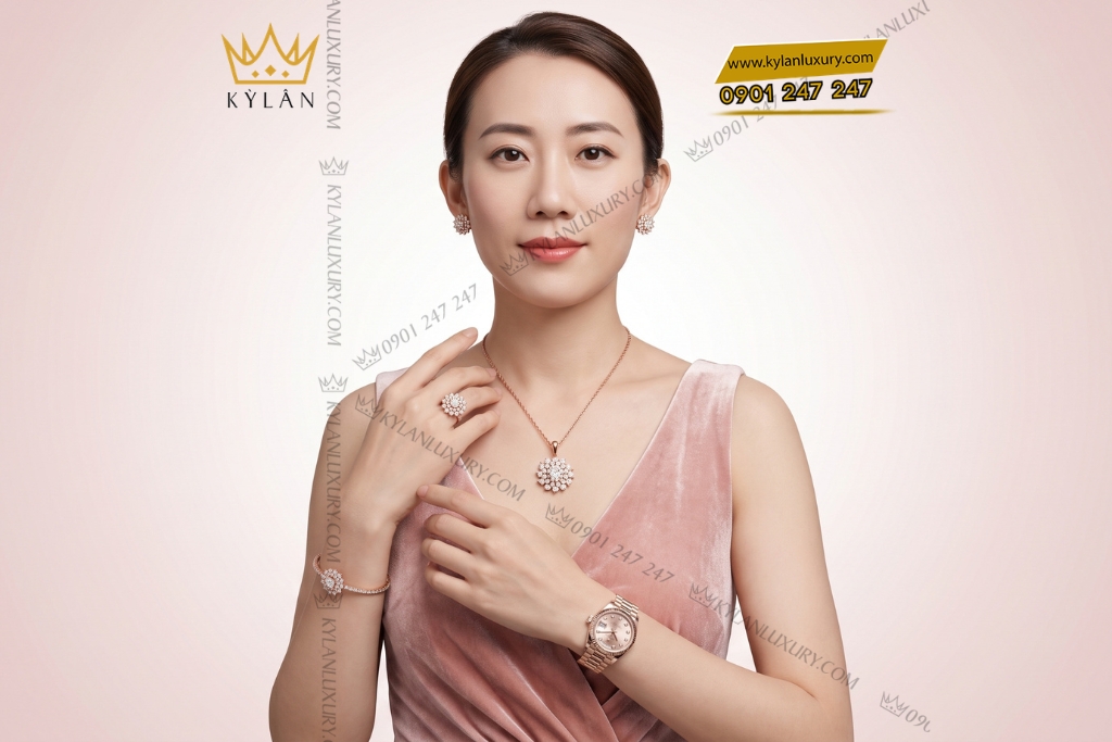 Bộ trang sức vàng hồng Au750 đính kim cương