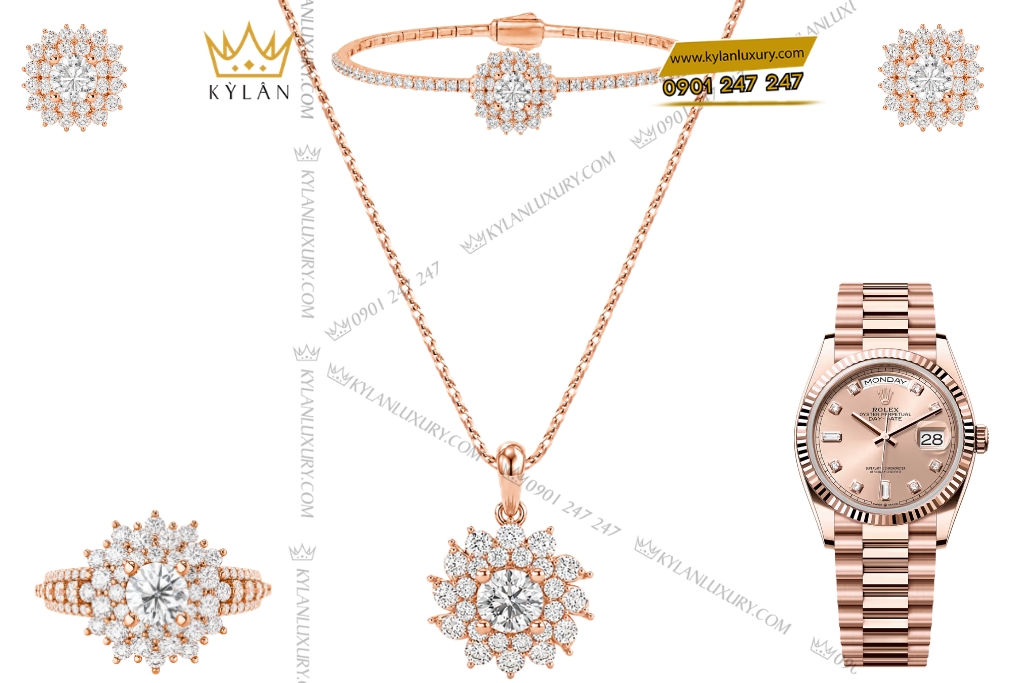 Kỳ Lân Luxury Bo trang suc vang hong Au750 dinh kim cuong 2 Bộ trang sức vàng hồng Au750 đính kim cương