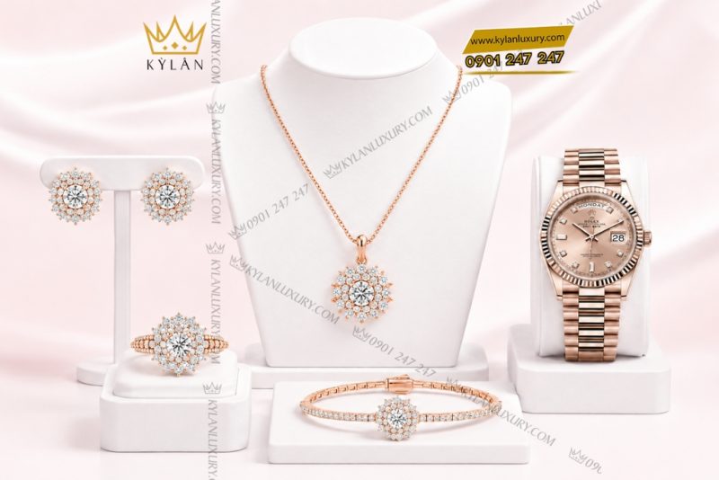 Bộ trang sức vàng hồng Au750 đính kim cương