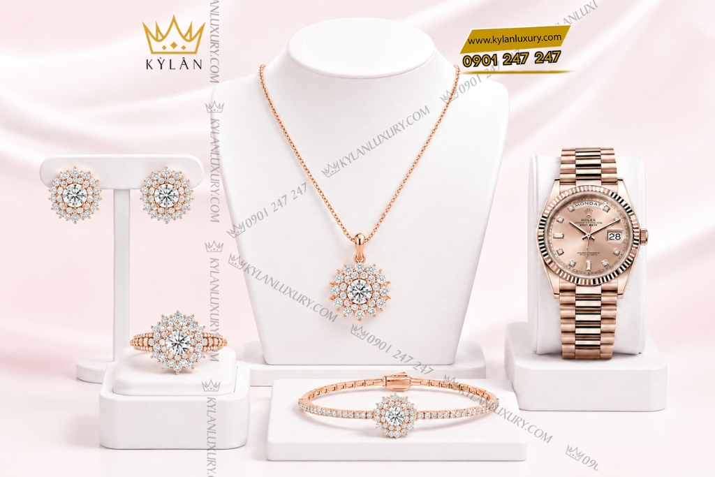 Bộ trang sức vàng hồng Au750 đính kim cương