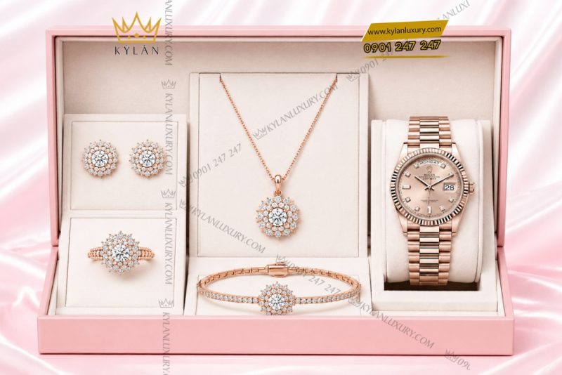 Bộ trang sức vàng hồng Au750 đính kim cương