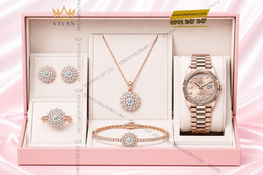Kỳ Lân Luxury Bo trang suc vang hong Au750 dinh kim cuong 9 Bộ trang sức vàng hồng Au750 đính kim cương