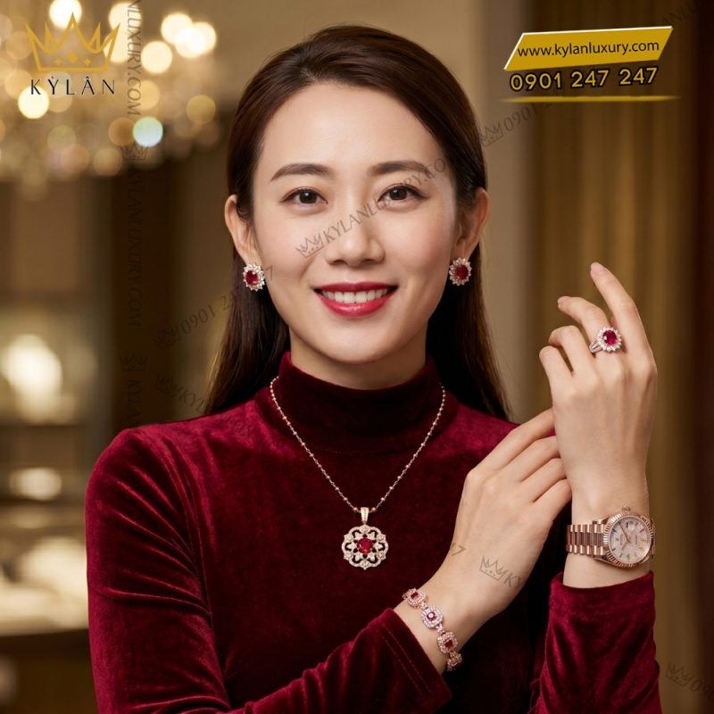 Bộ trang sức vàng hồng Au750 đính sapphire đỏ