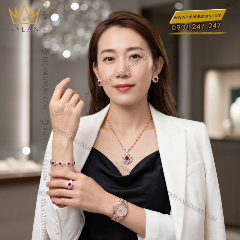 Bộ trang sức vàng hồng Au750 đính sapphire đỏ