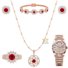 Bộ trang sức vàng hồng Au750 đính sapphire đỏ