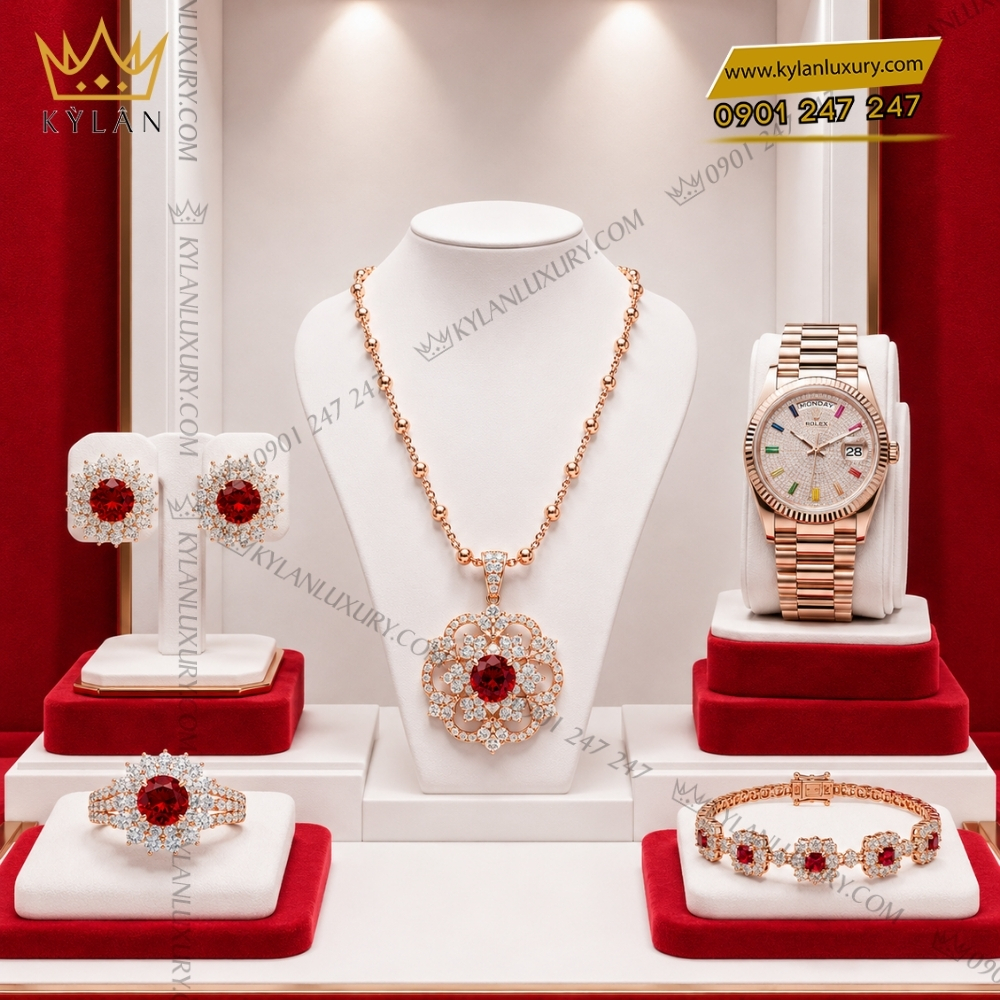 Bộ trang sức vàng hồng Au750 đính sapphire đỏ