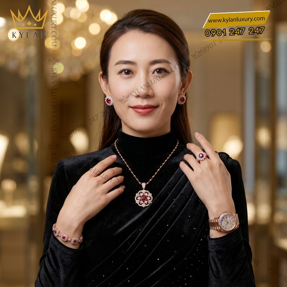 Kỳ Lân Luxury Bo trang suc vang hong Au750 dinh sapphire do 9 Bộ trang sức vàng hồng Au750 đính sapphire đỏ