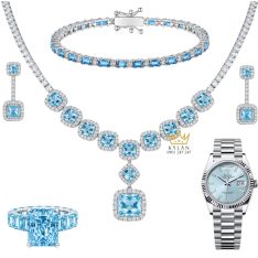 Bộ trang sức vàng trắng Au750 đính đá Topaz xanh