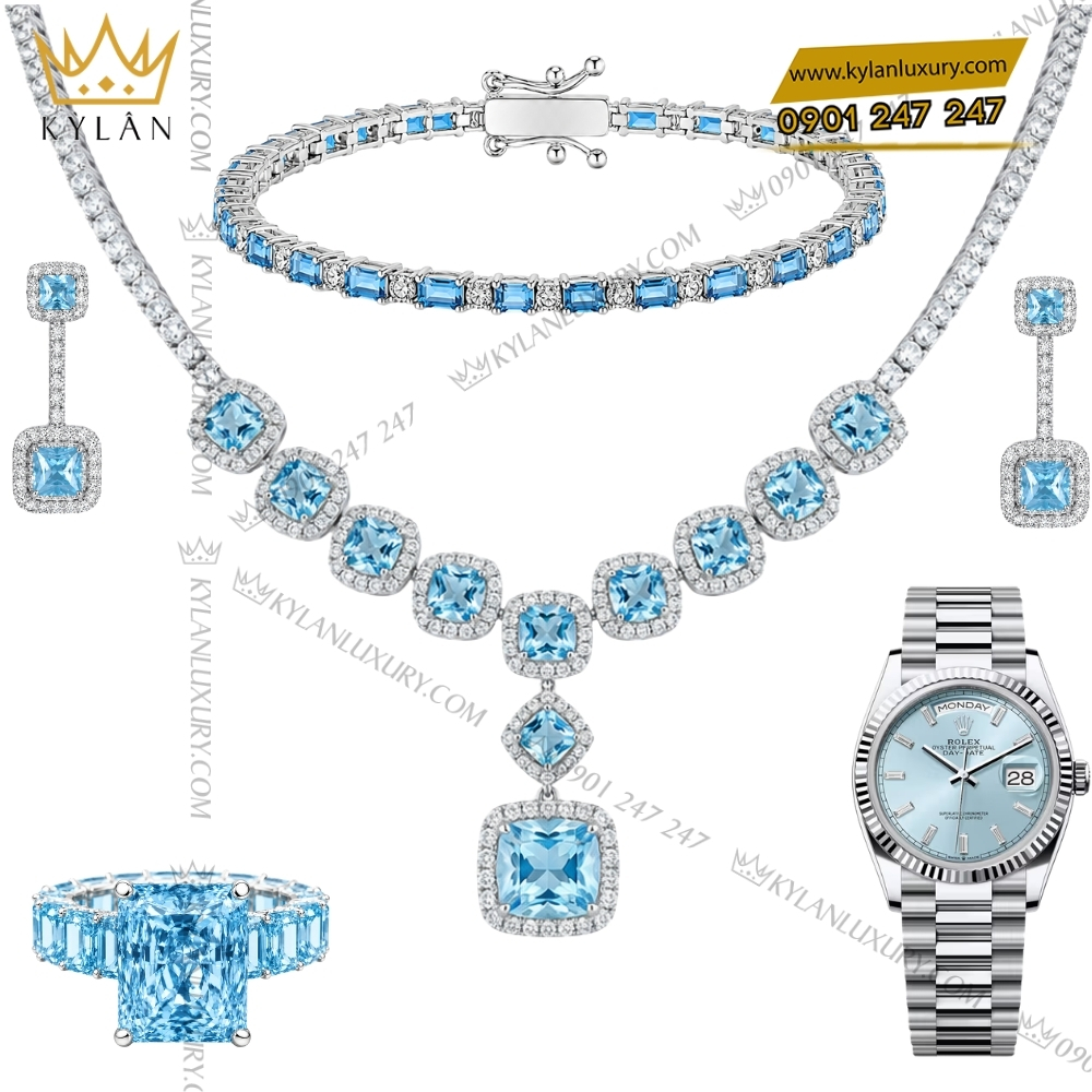 Kỳ Lân Luxury Bo trang suc vang trang Au750 dinh da Topaz xanh 2 Bộ trang sức vàng trắng Au750 đính đá Topaz xanh