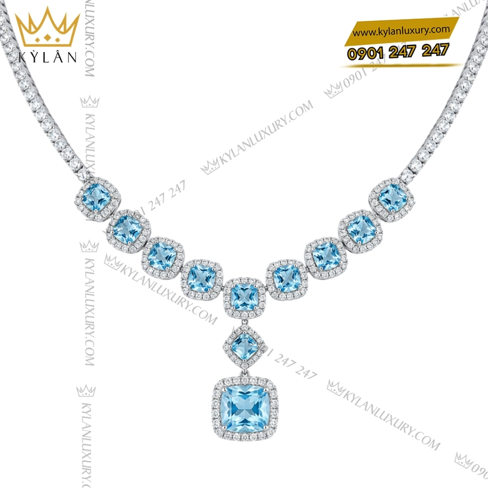 Bộ trang sức vàng trắng Au750 đính đá Topaz xanh