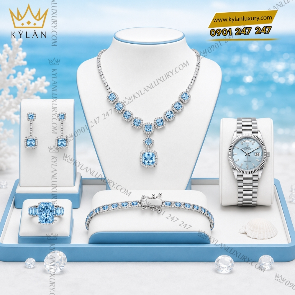 Bộ trang sức vàng trắng Au750 đính đá Topaz xanh