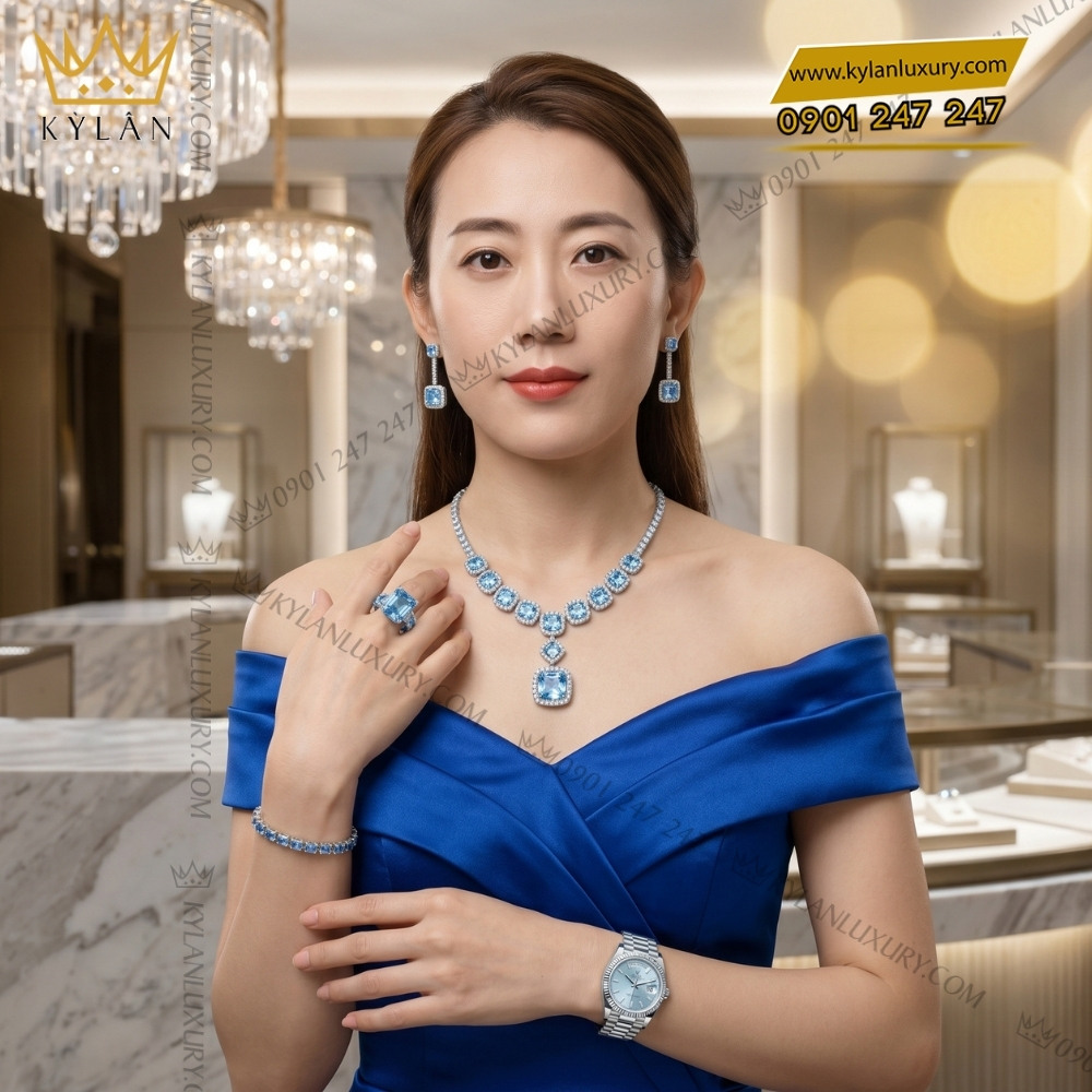 Bộ trang sức vàng trắng Au750 đính đá Topaz xanh