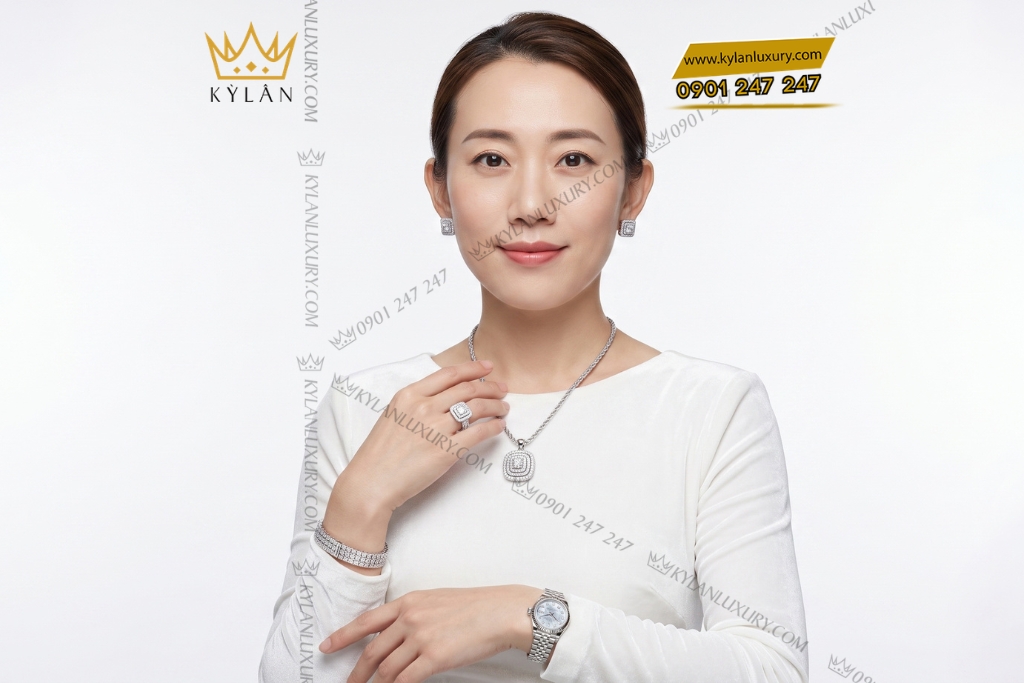 Bộ trang sức vàng trắng Au750 đính kim cương