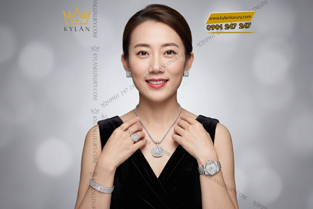 Kỳ Lân Luxury Bo trang suc vang trang Au750 dinh kim cuong 9 Bộ trang sức vàng trắng Au750 đính kim cương