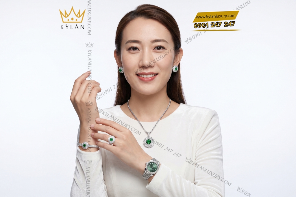 Bộ trang sức vàng trắng Au750 đính ngọc lục bảo
