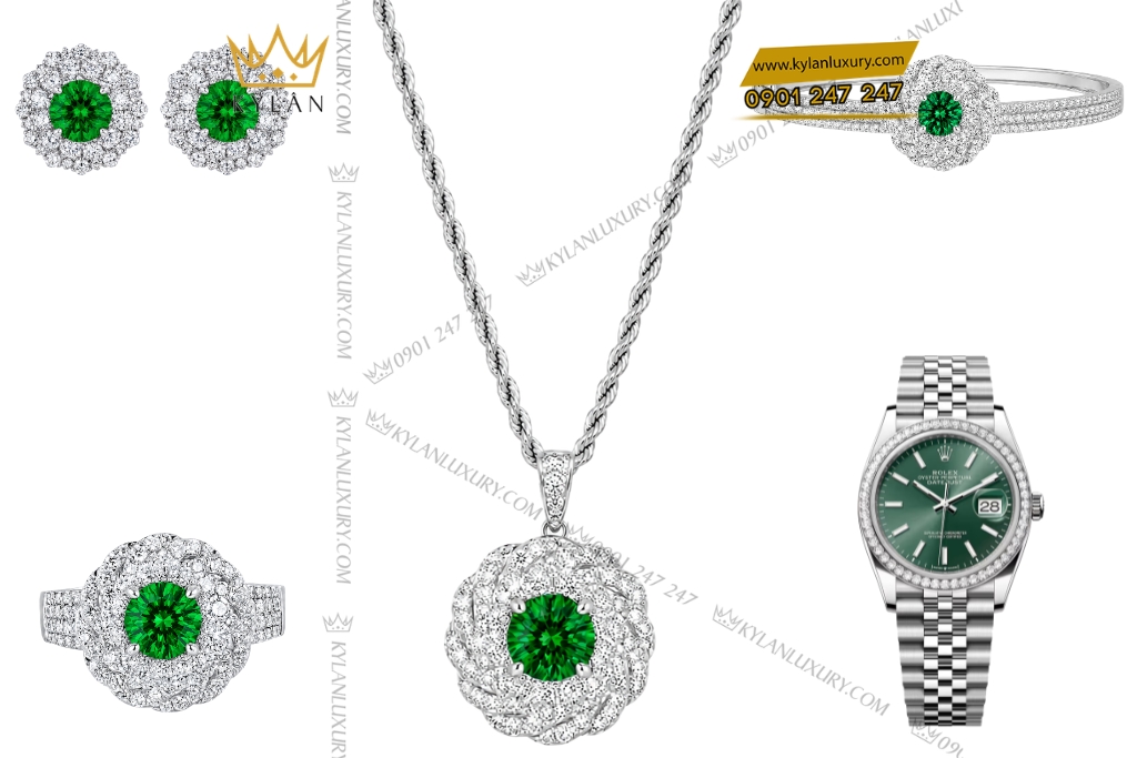 Kỳ Lân Luxury Bo trang suc vang trang Au750 dinh ngoc luc bao 2 Bộ trang sức vàng trắng Au750 đính ngọc lục bảo