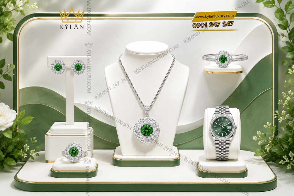 Bộ trang sức vàng trắng Au750 đính ngọc lục bảo