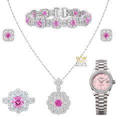 Bộ trang sức vàng trắng Au750 đính sapphire hồng