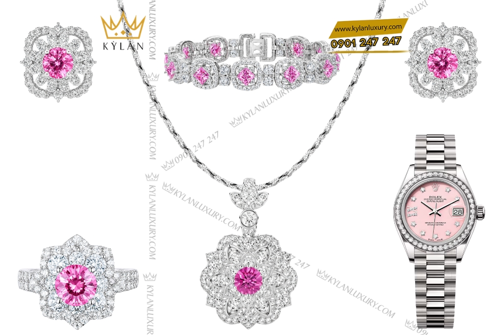 Kỳ Lân Luxury Bo trang suc vang trang Au750 dinh sapphire hong 2 Bộ trang sức vàng trắng Au750 đính sapphire hồng
