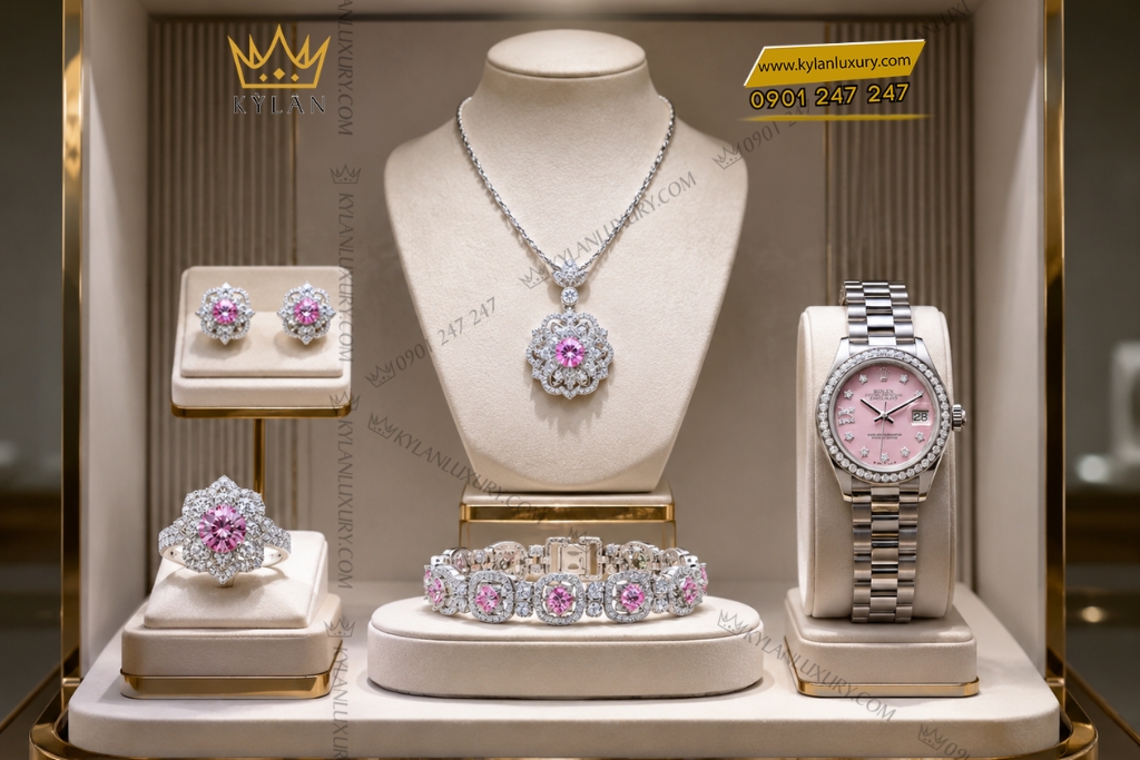 Bộ trang sức vàng trắng Au750 đính sapphire hồng