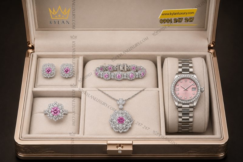 Bộ trang sức vàng trắng Au750 đính sapphire hồng