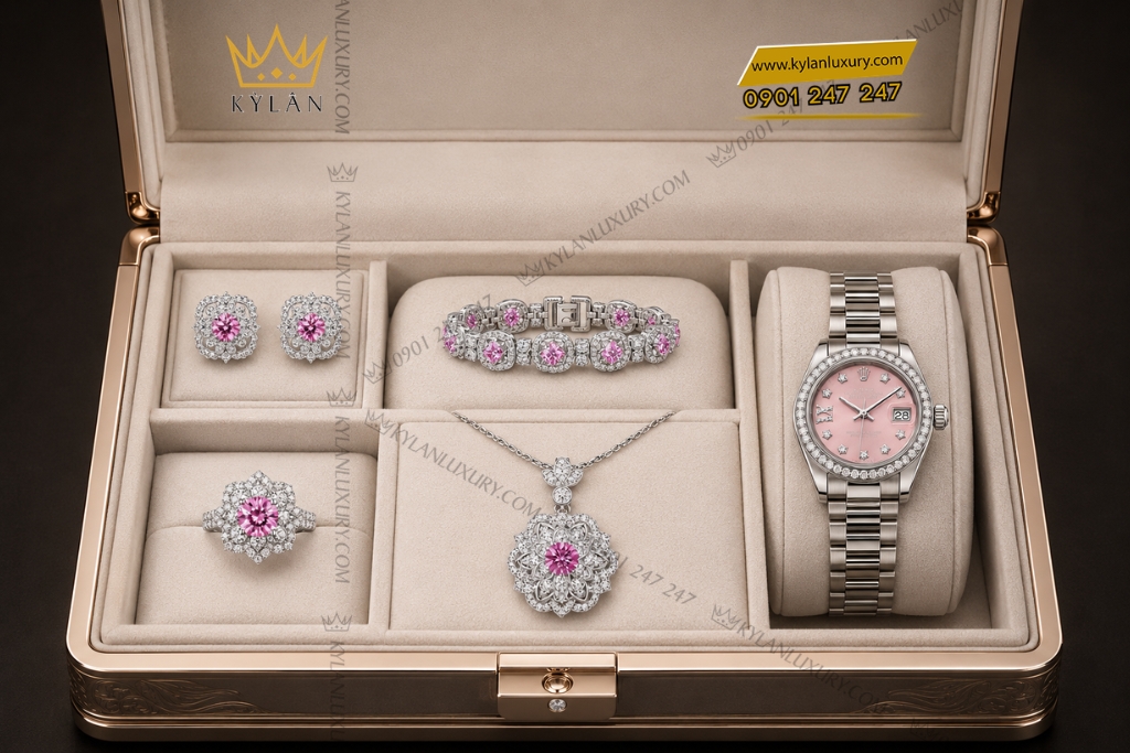 Kỳ Lân Luxury Bo trang suc vang trang Au750 dinh sapphire hong 4 Bộ trang sức vàng trắng Au750 đính sapphire hồng
