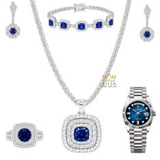 Bộ trang sức vàng trắng Au750 đính sapphire xanh