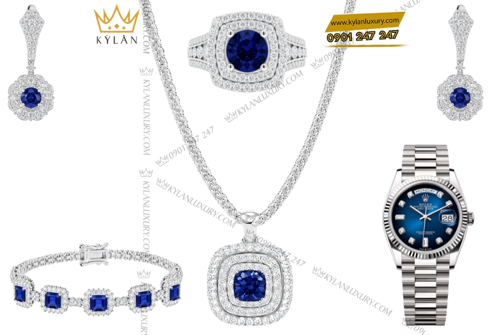 Kỳ Lân Luxury Bo trang suc vang trang Au750 dinh sapphire xanh 2 Bộ trang sức vàng trắng Au750 đính sapphire xanh