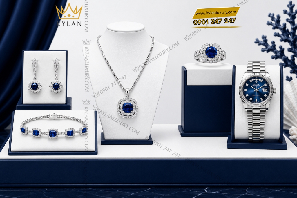 Bộ trang sức vàng trắng Au750 đính sapphire xanh