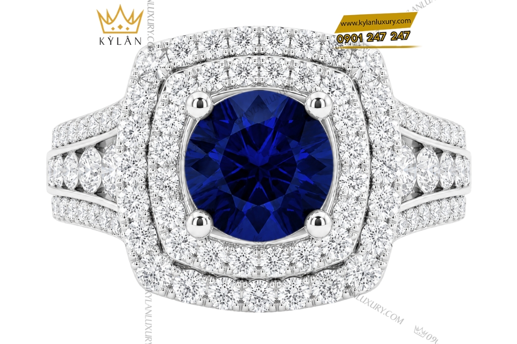 Bộ trang sức vàng trắng Au750 đính sapphire xanh