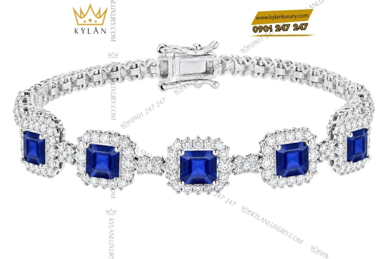 Bộ trang sức vàng trắng Au750 đính sapphire xanh
