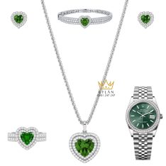 Bộ trang sức vàng trắng Au750 đính sapphire xanh hình trái tim