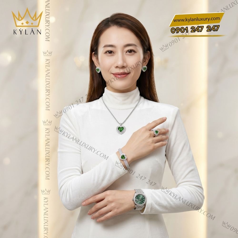 Kỳ Lân Luxury Bo trang suc vang trang Au750 dinh sapphire xanh hinh trai tim 10 Bộ trang sức vàng trắng Au750 đính sapphire xanh hình trái tim