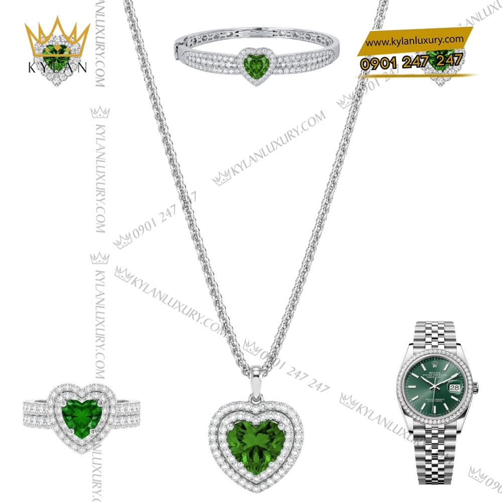 Kỳ Lân Luxury Bo trang suc vang trang Au750 dinh sapphire xanh hinh trai tim 2 Bộ trang sức vàng trắng Au750 đính sapphire xanh hình trái tim