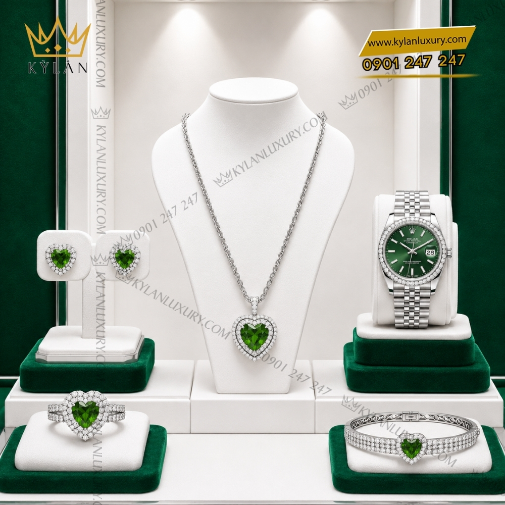 Bộ trang sức vàng trắng Au750 đính sapphire xanh hình trái tim