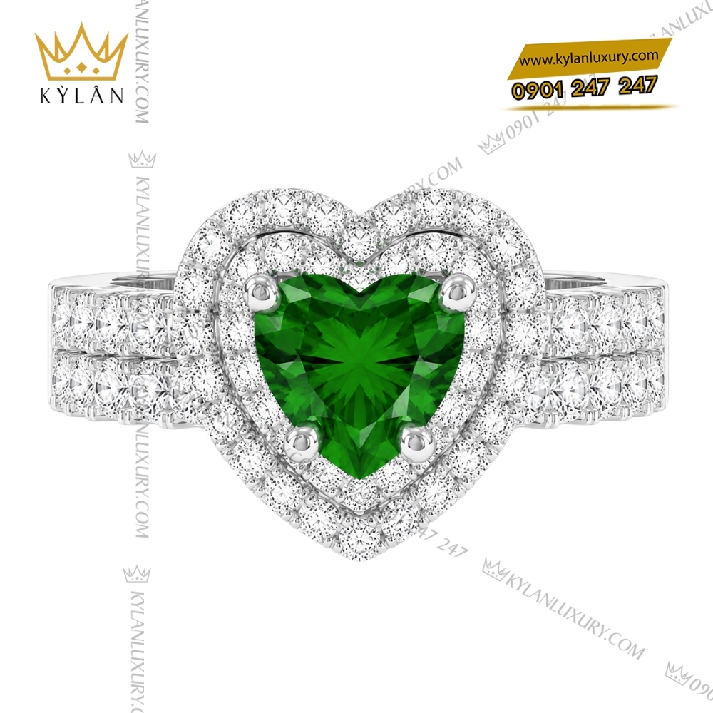 Bộ trang sức vàng trắng Au750 đính sapphire xanh hình trái tim