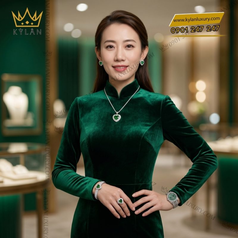 Bộ trang sức vàng trắng Au750 đính sapphire xanh hình trái tim