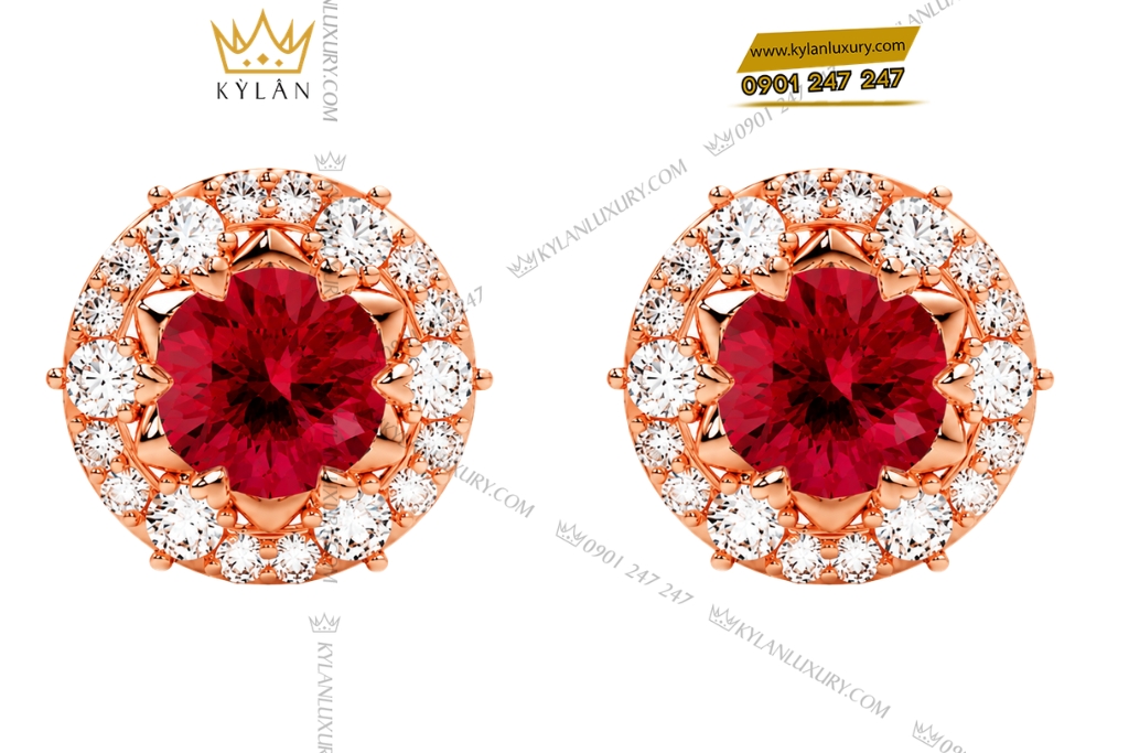 Bông tai vàng hồng Au750 đính sapphire đỏ