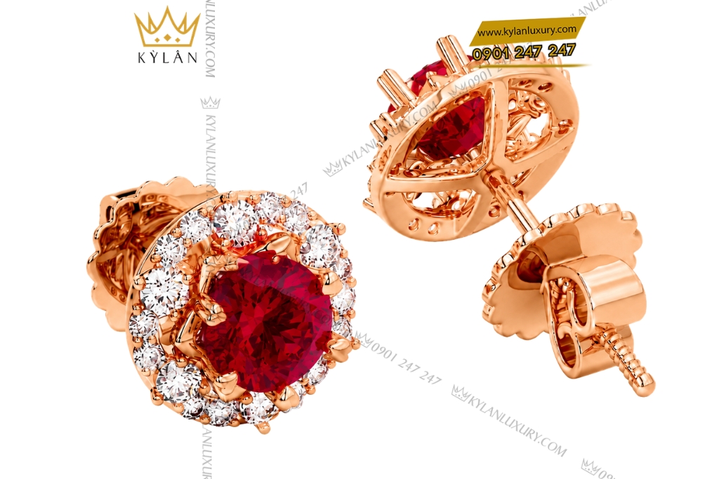 Bông tai vàng hồng Au750 đính sapphire đỏ