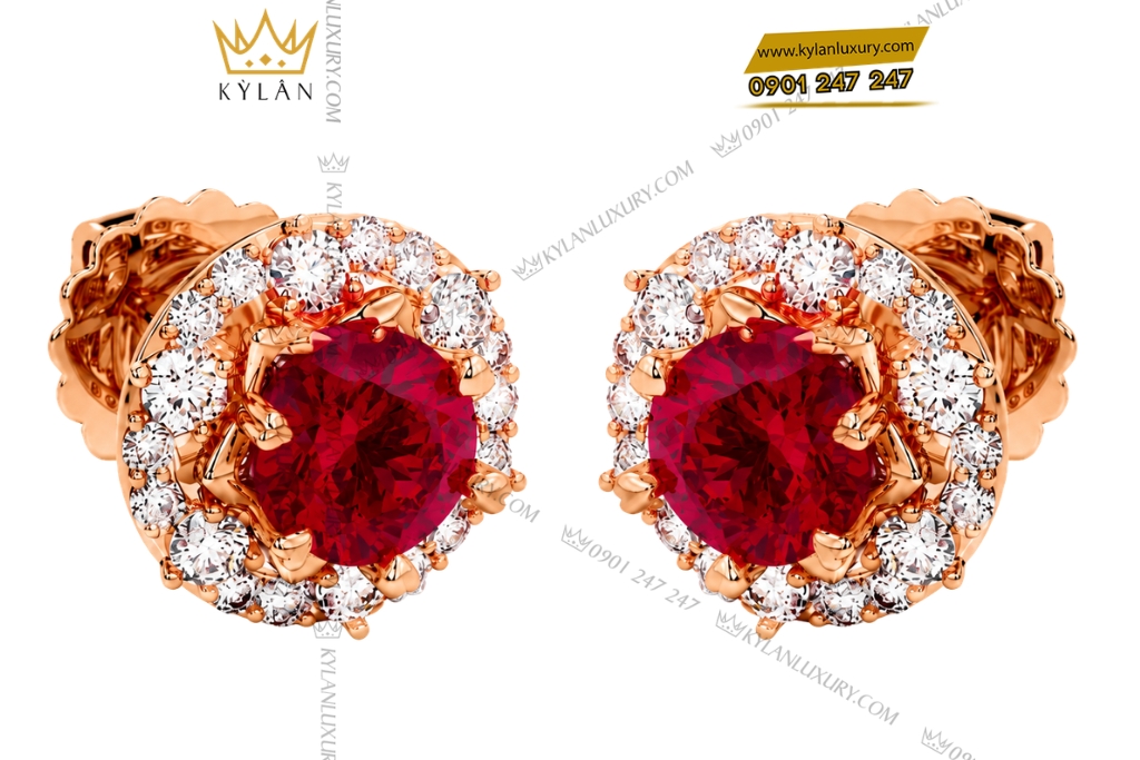 Bông tai vàng hồng Au750 đính sapphire đỏ