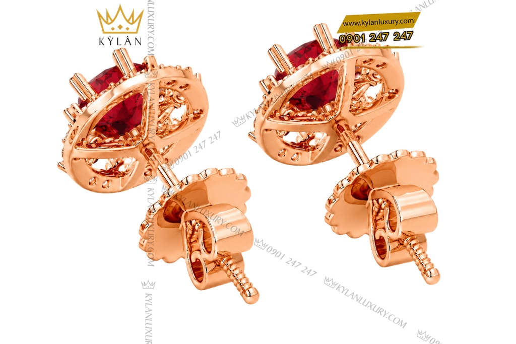Kỳ Lân Luxury Bong tai vang hong Au750 dinh sapphire do 5 Bông tai vàng hồng Au750 đính sapphire đỏ