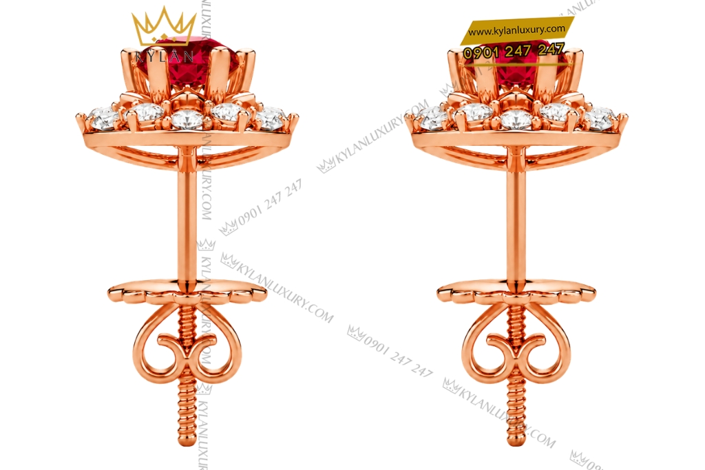 Bông tai vàng hồng Au750 đính sapphire đỏ