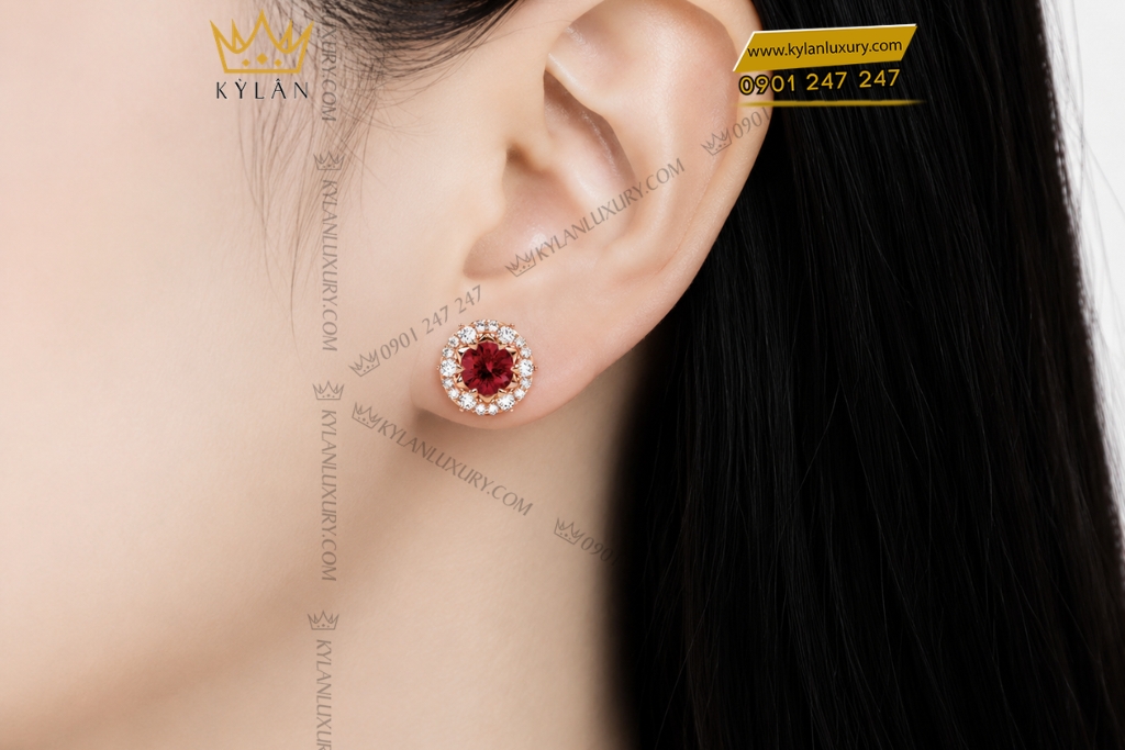 Bông tai vàng hồng Au750 đính sapphire đỏ