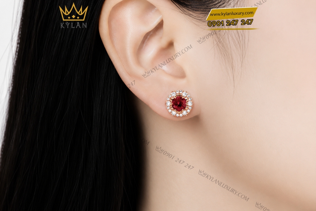 Bông tai vàng hồng Au750 đính sapphire đỏ