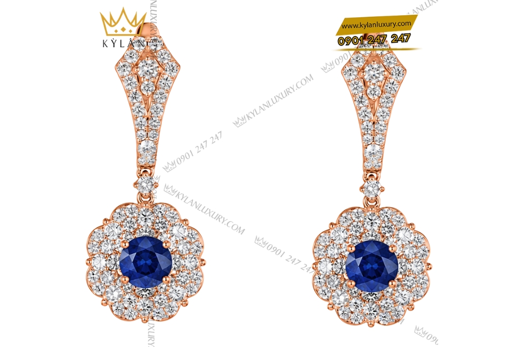 Bông tai vàng hồng Au750 đính sapphire xanh