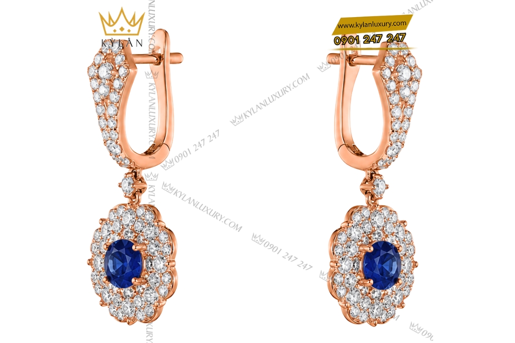 Bông tai vàng hồng Au750 đính sapphire xanh