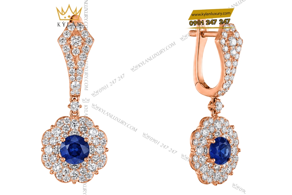 Bông tai vàng hồng Au750 đính sapphire xanh